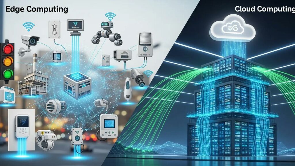 Visual representation of Edge Computing and Cloud Computing concepts, highlighting their differences and applications