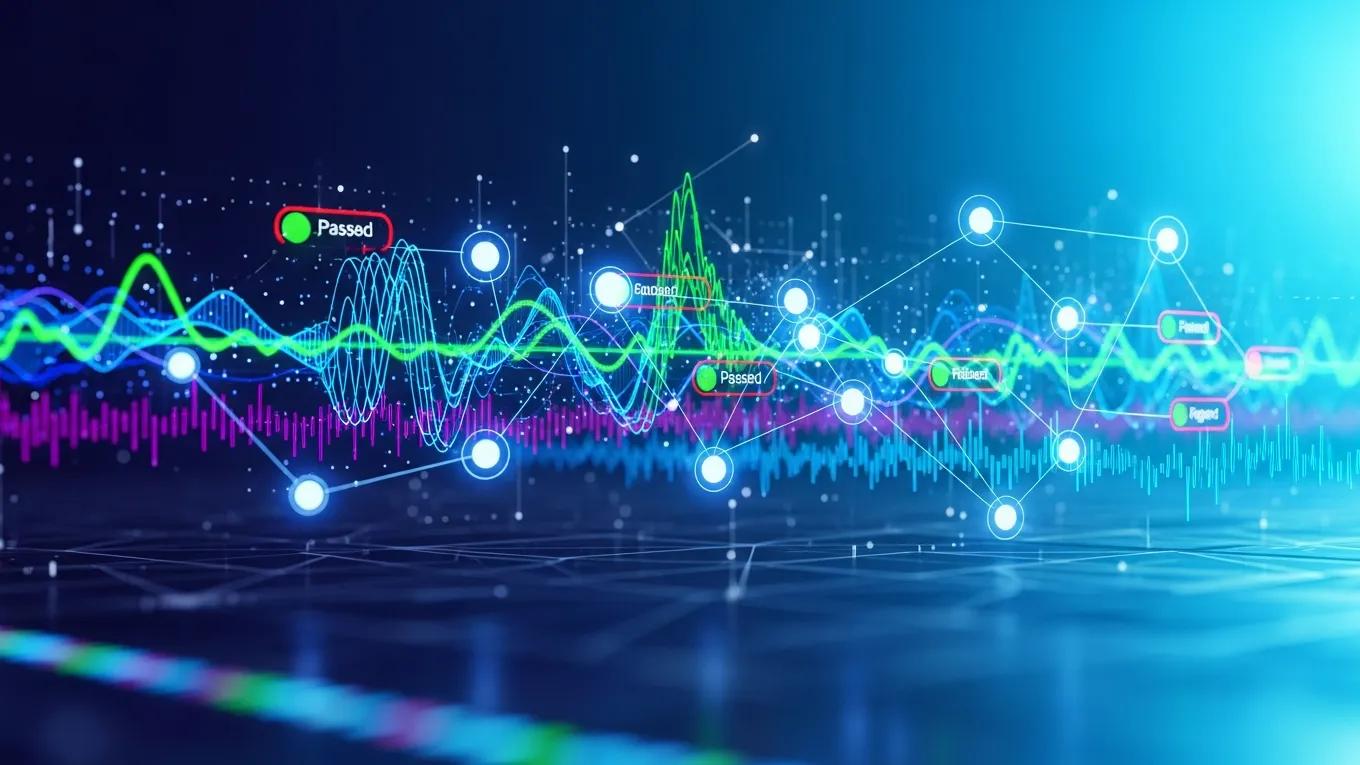 Abstract representation of machine learning concepts with interconnected nodes and data streams