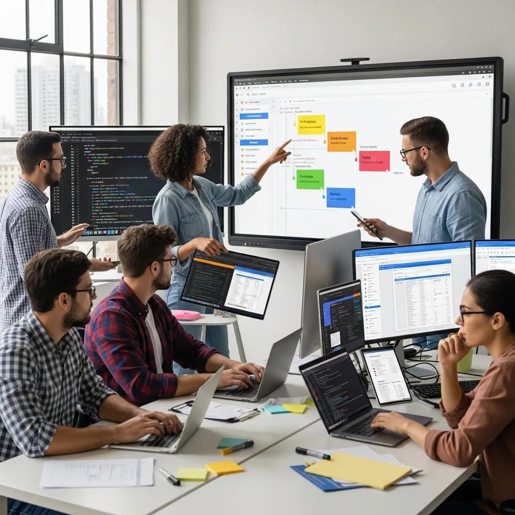 Agile software development team collaborating on quality assurance processes