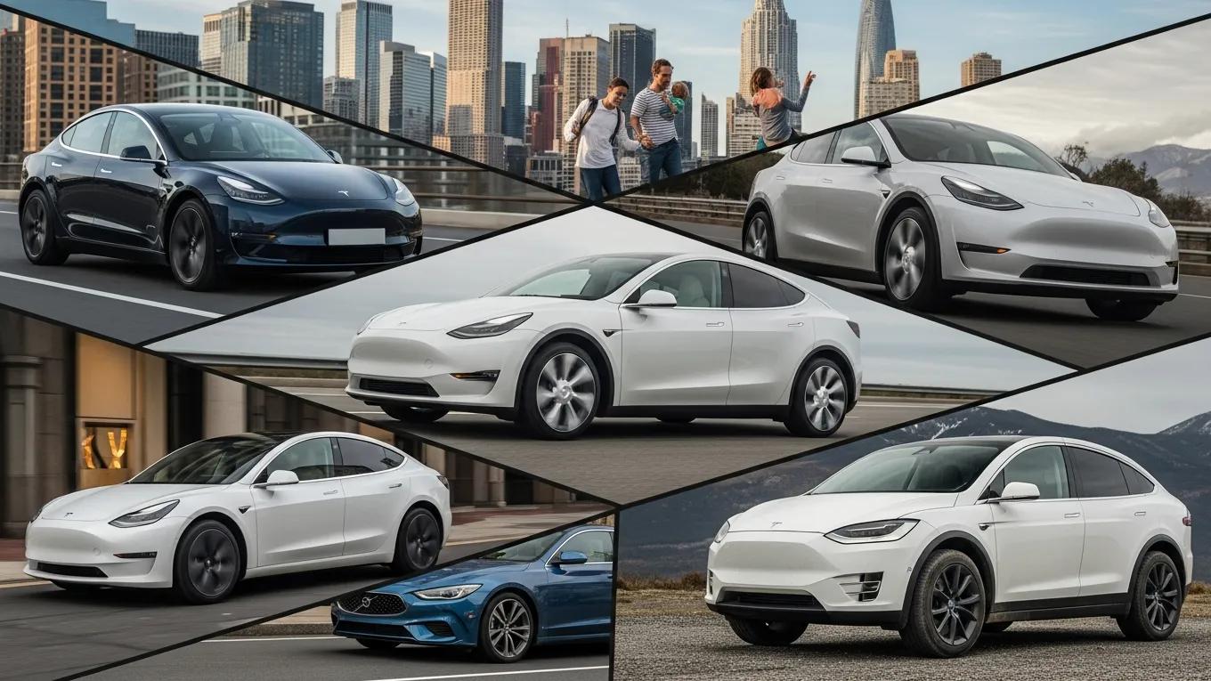Collage of Tesla models showcasing their unique features and environments