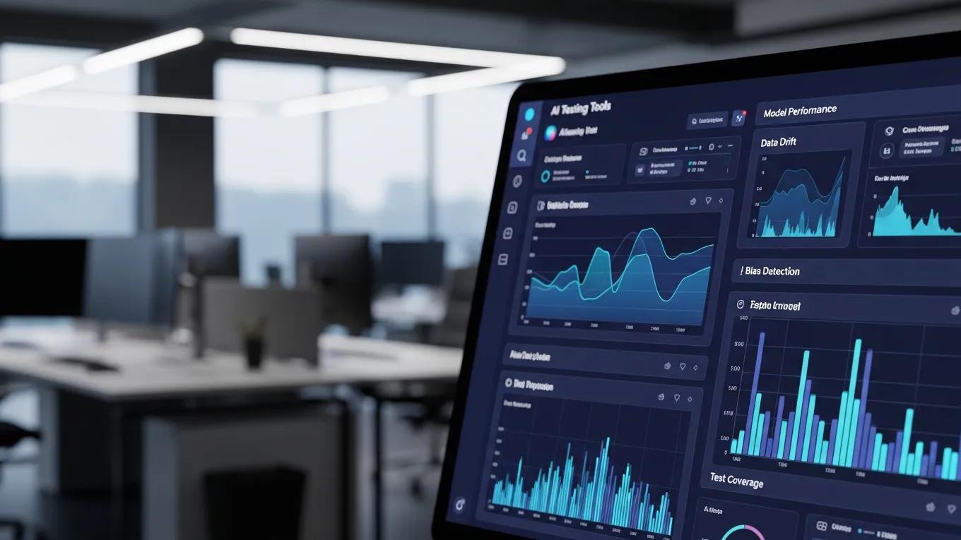 Computer screen displaying AI testing tools and data visualizations in a modern office setting