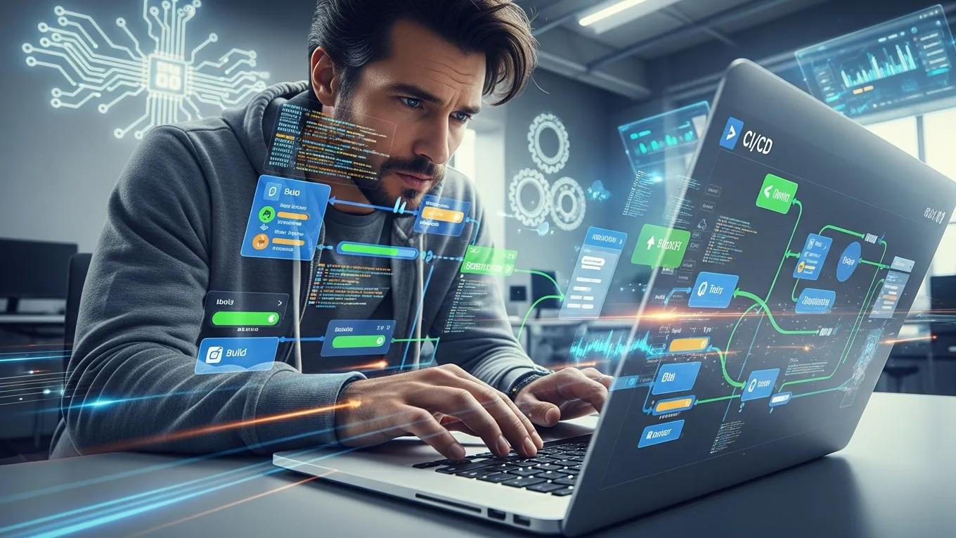 Developer working on CI/CD pipeline automation in a dynamic office environment