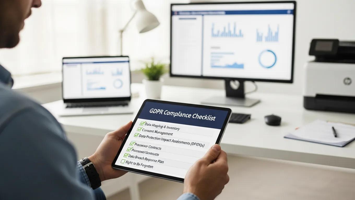 Tablet showing a GDPR compliance checklist in a tech workspace