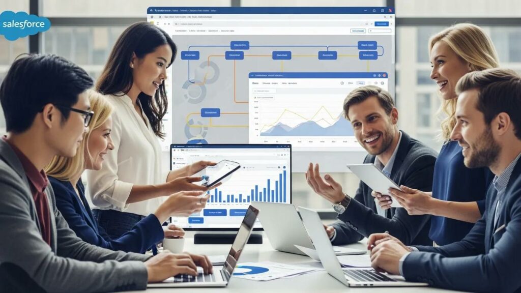 Diverse professionals collaborating on Salesforce sales pipeline strategies
