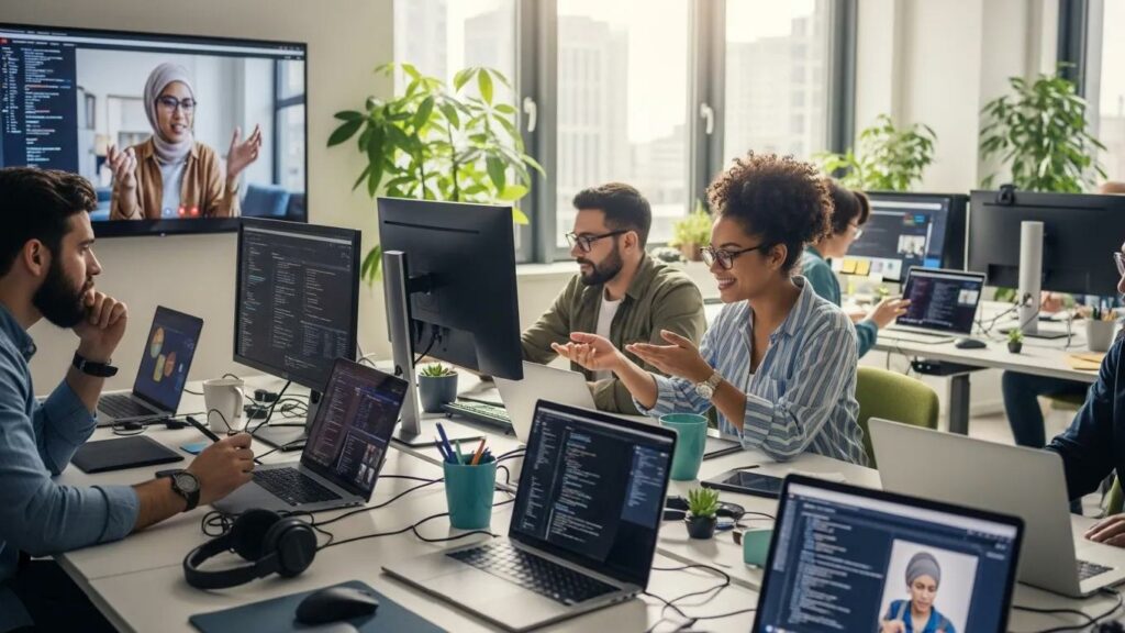 Diverse software developers collaborating in a modern workspace, emphasizing remote teamwork and technology