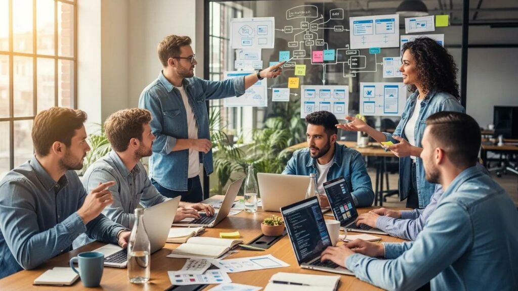 Diverse software developers collaborating in a modern workspace, emphasizing teamwork and innovation in software development