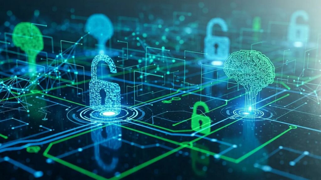 Futuristic cybersecurity landscape with AI and digital locks representing top trends in 2026