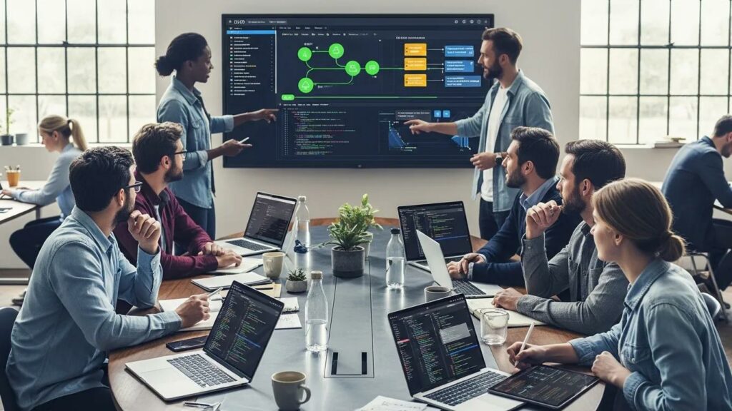 Modern software team collaborating on DevOps practices in a high-tech workspace