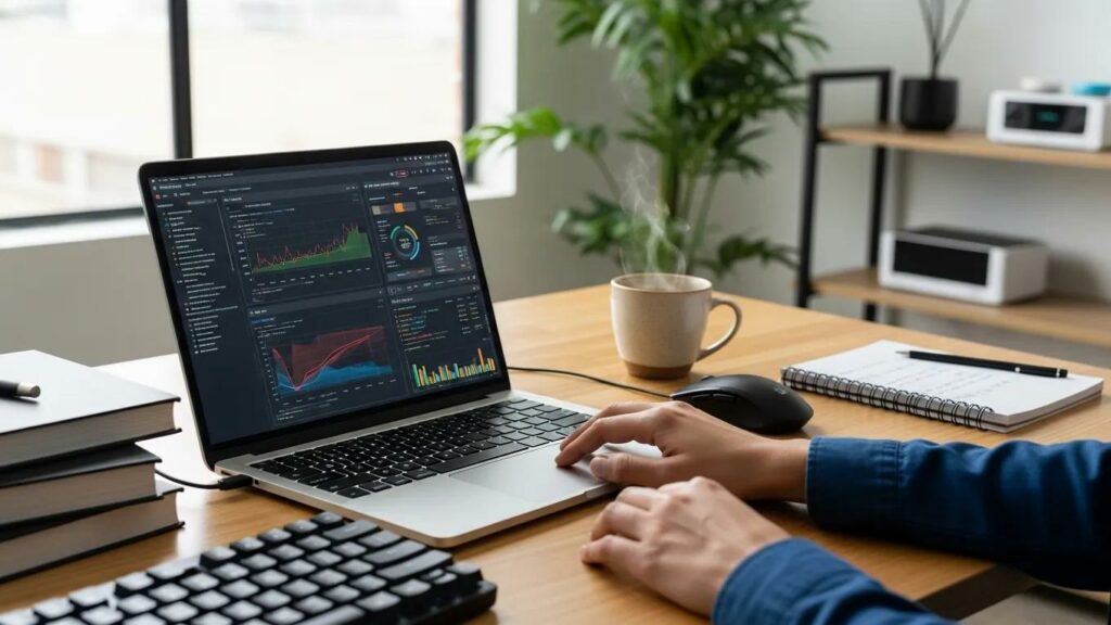 Modern workspace with AI software testing tools on a laptop, emphasizing technology and analysis