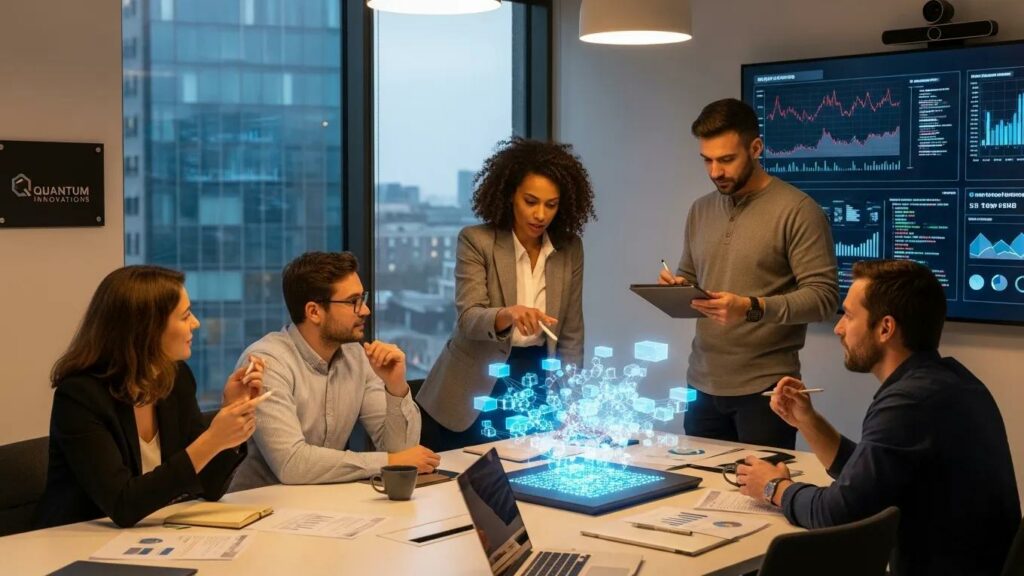 Professionals collaborating on blockchain technology in a modern office setting