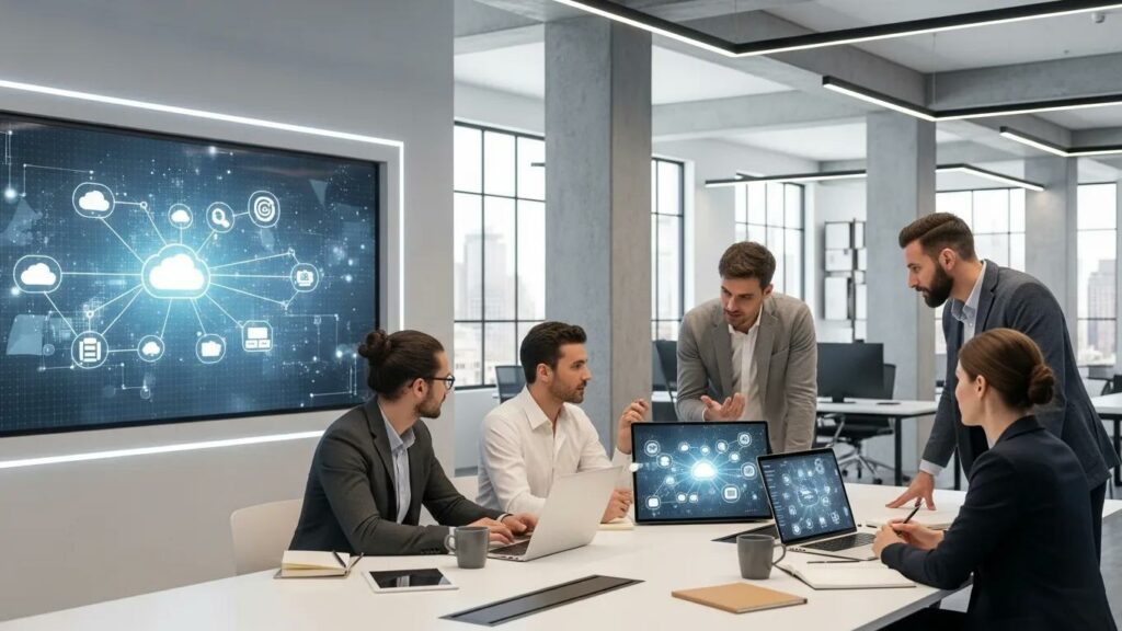 Professionals collaborating on cloud computing solutions in a modern office