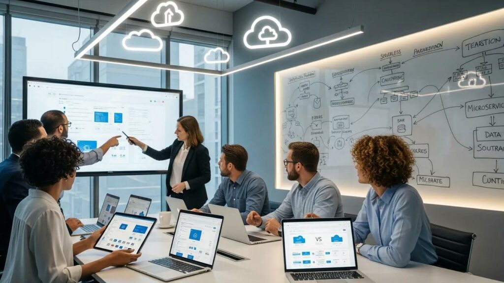 Professionals collaborating on cloud computing strategies in a modern office