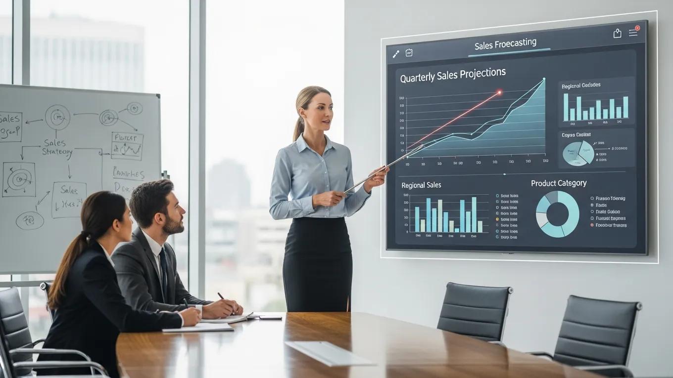 Sales manager reviewing forecasting data in a meeting