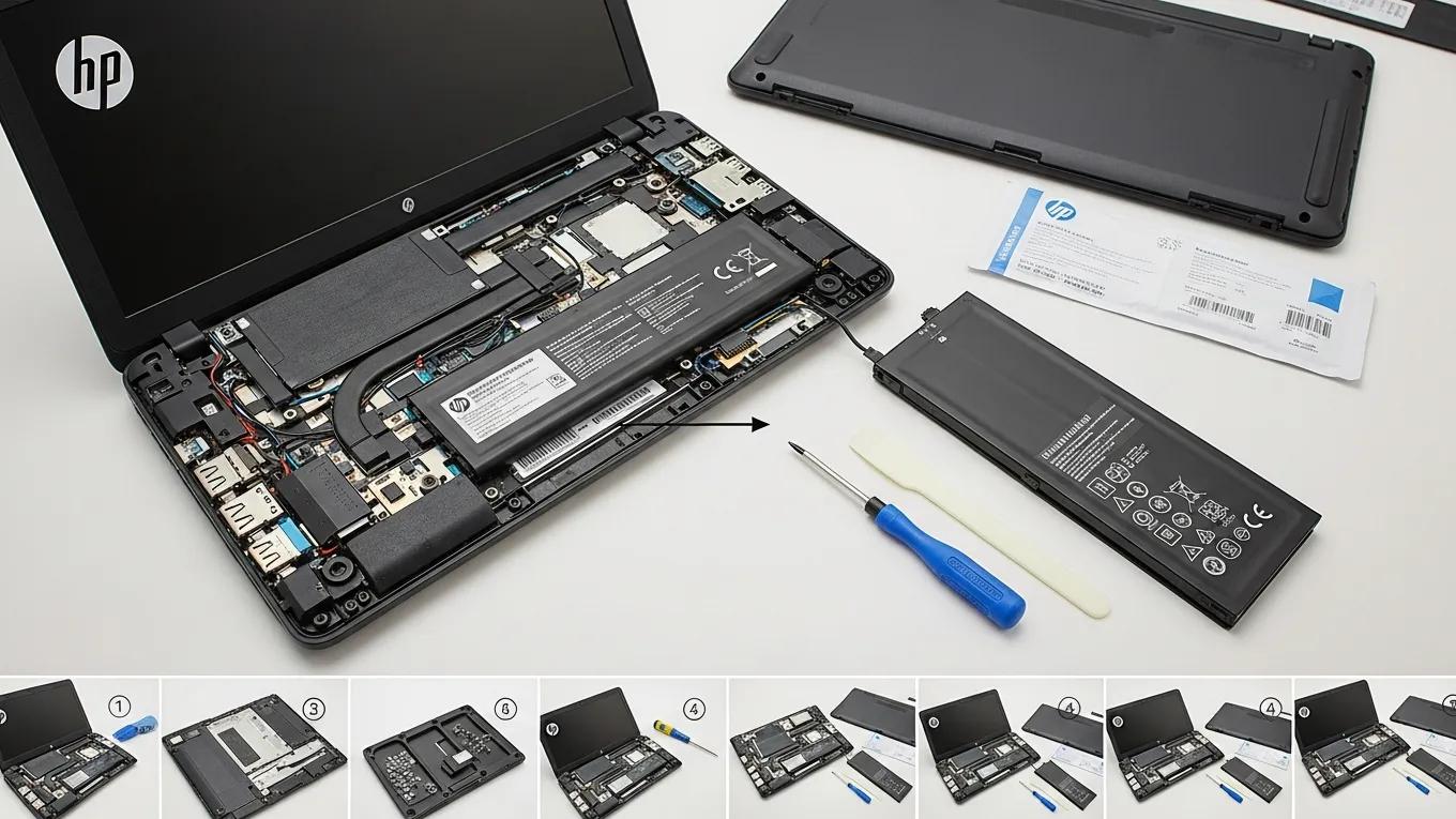 Step-by-step battery replacement process for an HP laptop with tools and components
