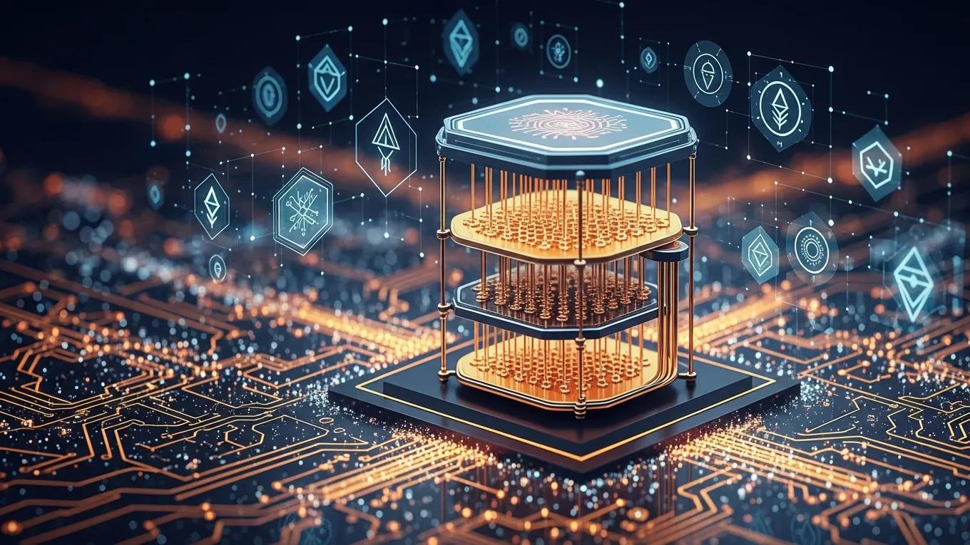 Stylized quantum computer with glowing circuits representing the impact of quantum computing on cryptography
