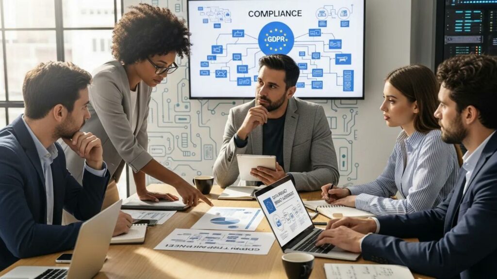 Tech professionals collaborating on GDPR compliance strategies in a modern office setting