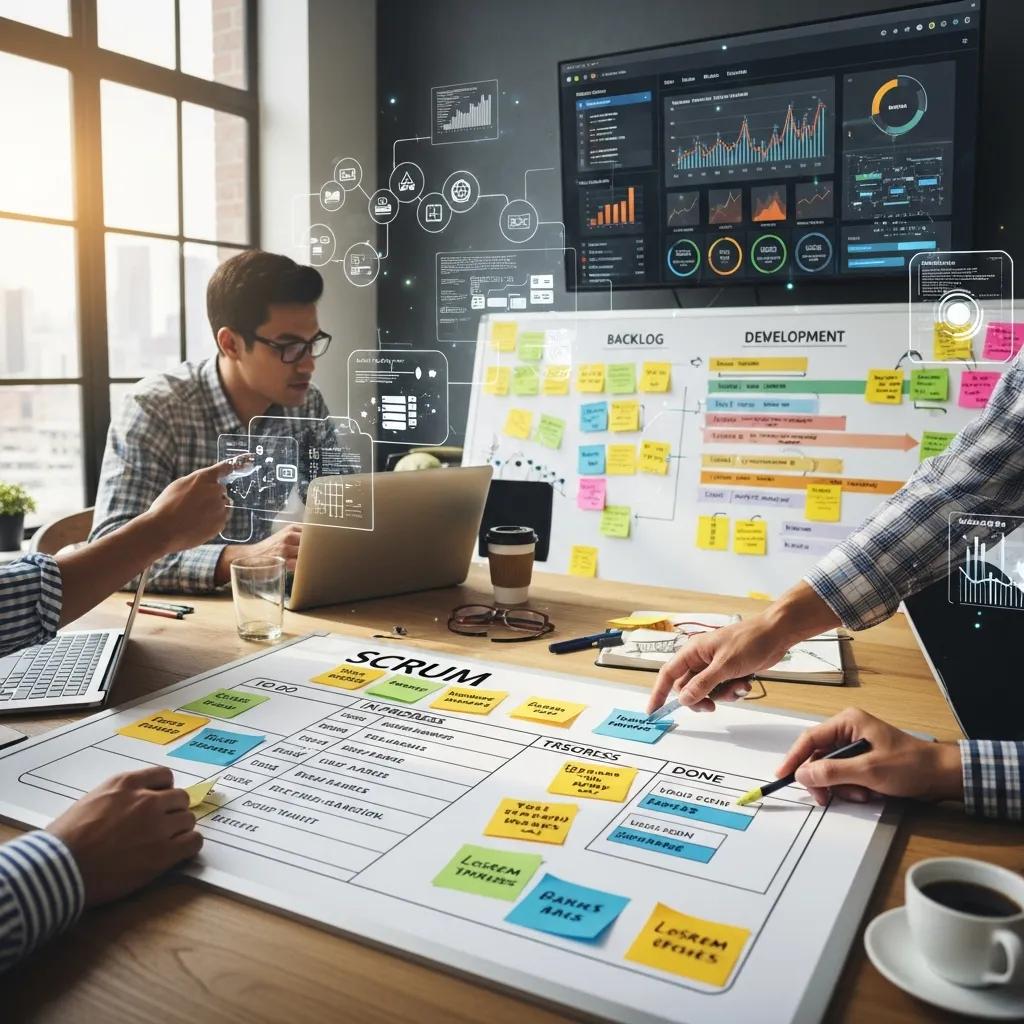 Visual representation of Scrum, Kanban, and DevOps methodologies in agile development