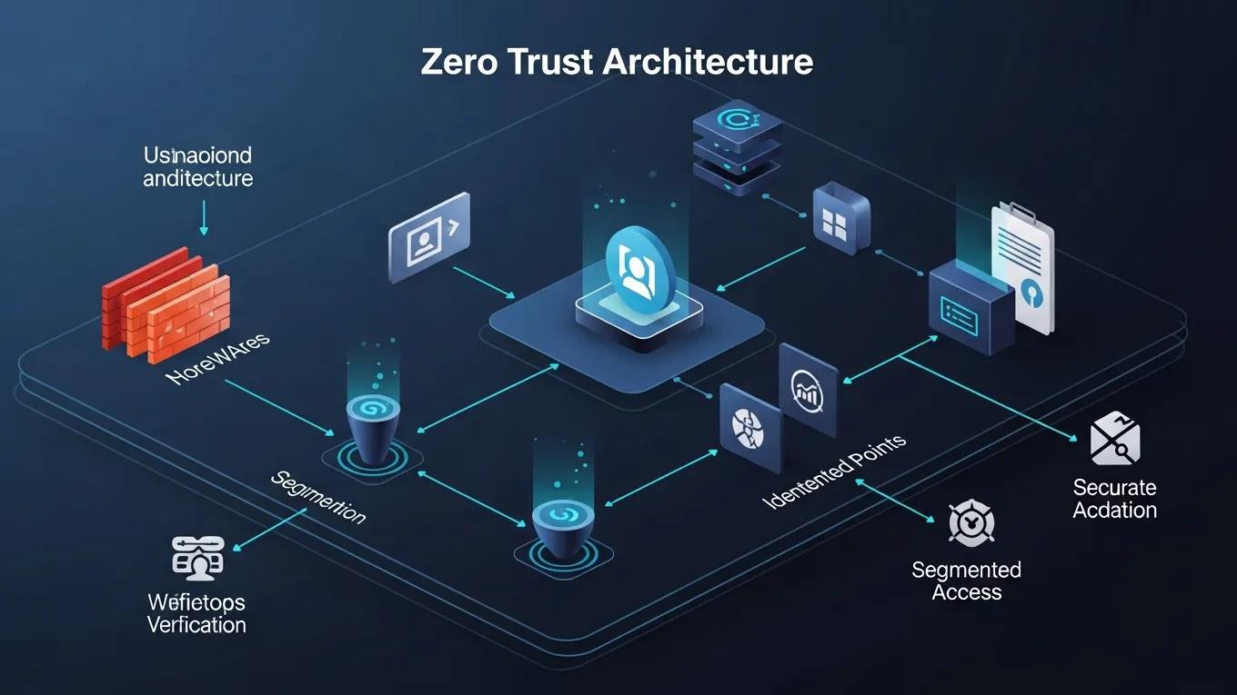 Visual representation of Zero Trust architecture with secure network elements and identity verification