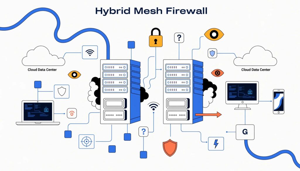 Visual representation of hybrid mesh firewalls, depicting a cybersecurity setup with servers and network components