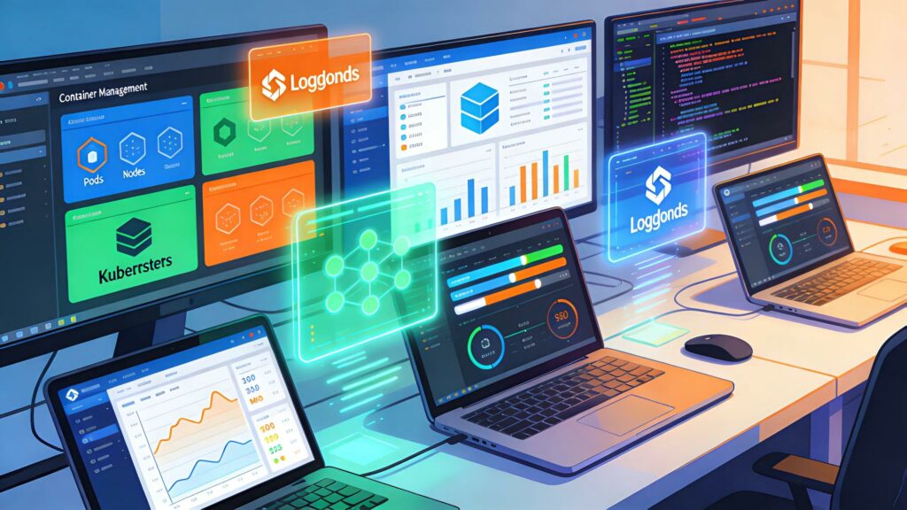 Colorful devops workspace with container management visuals highlighting Kubernetes concepts for developers