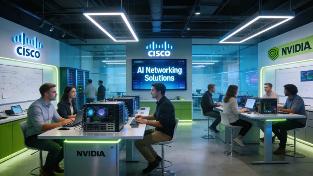 Cisco and NVIDIA professionals collaborating on AI networking solutions in a high-tech environment