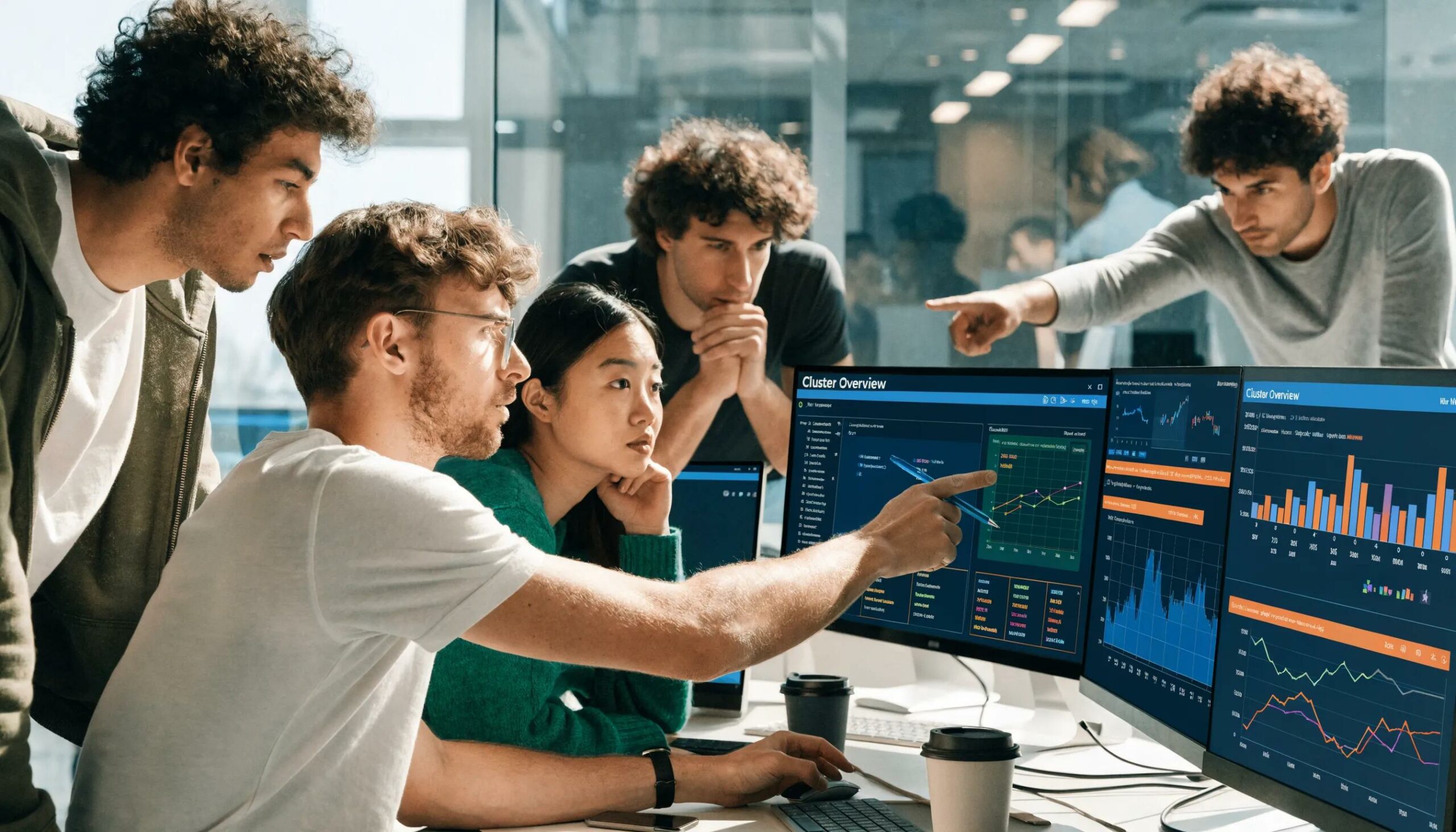Team monitoring Kubernetes performance metrics on multiple screens, focusing on scaling and efficiency