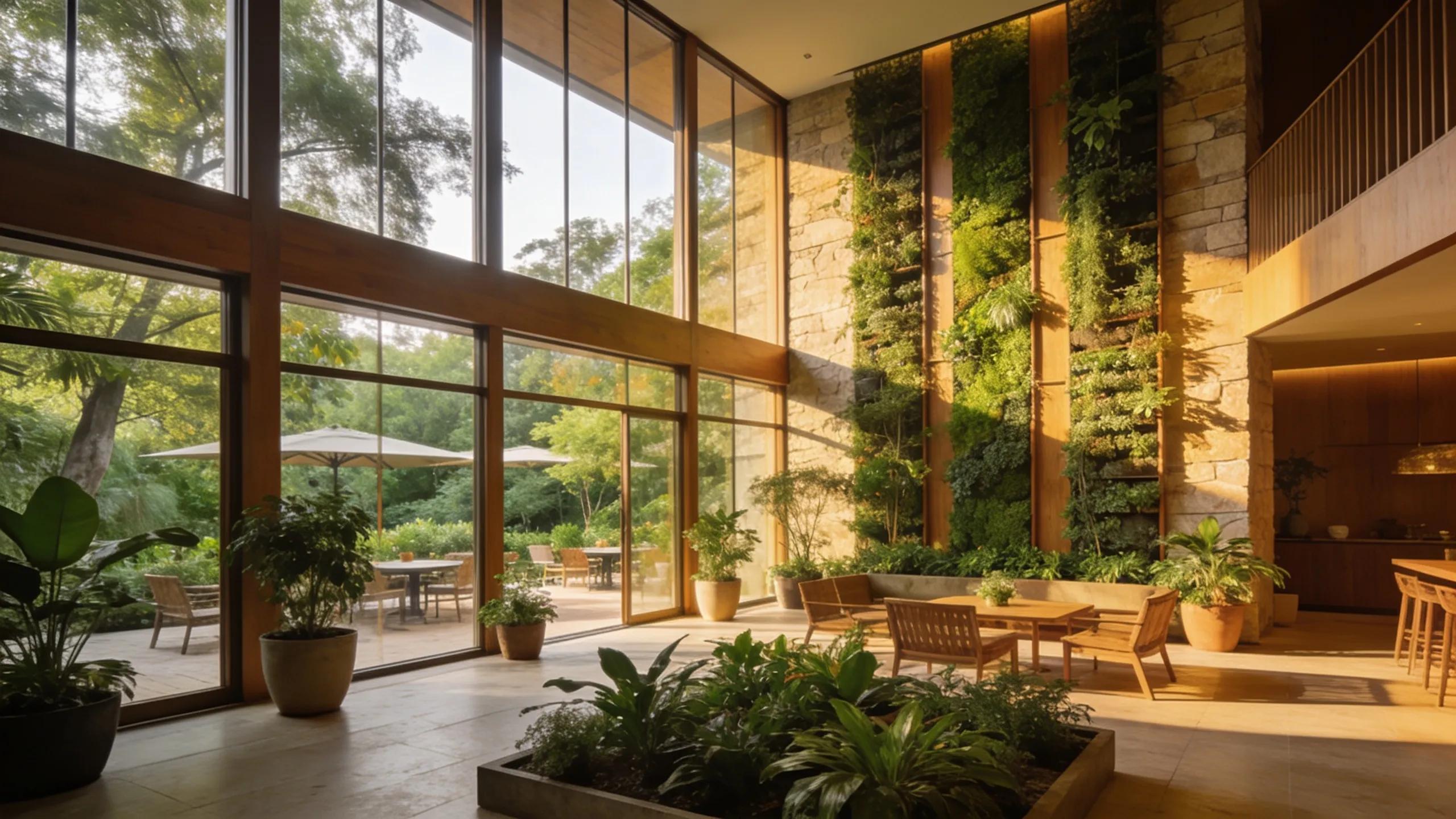 Biophilic building design with natural light and greenery