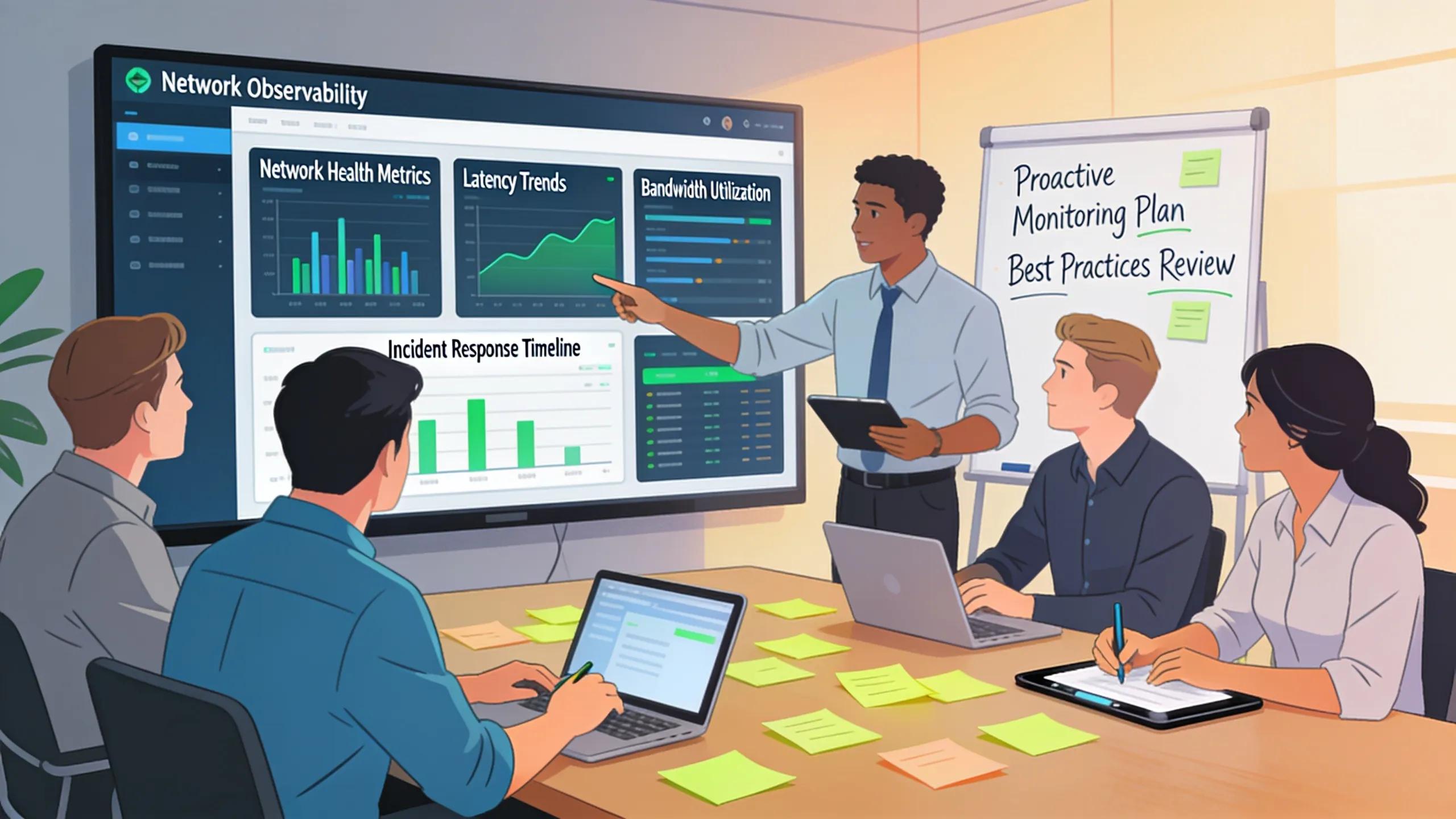 IT team collaborating to establish best practices for network observability in a strategic meeting