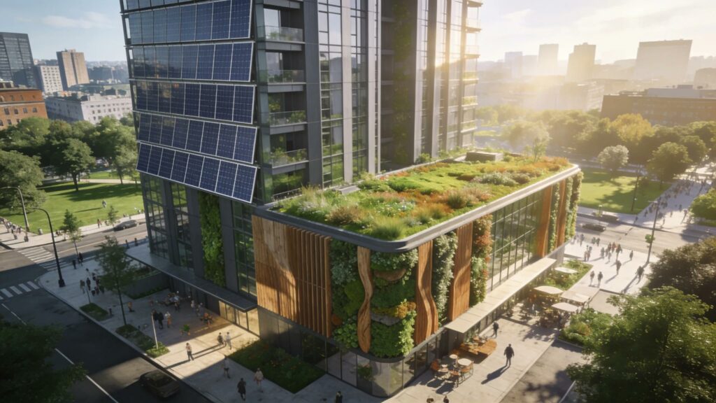 Modern sustainable building with solar panels and greenery
