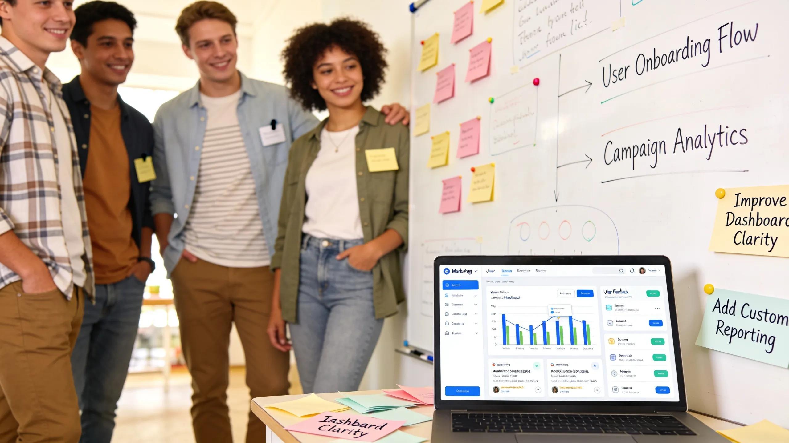 Individuals discussing user feedback in a creative brainstorming environment