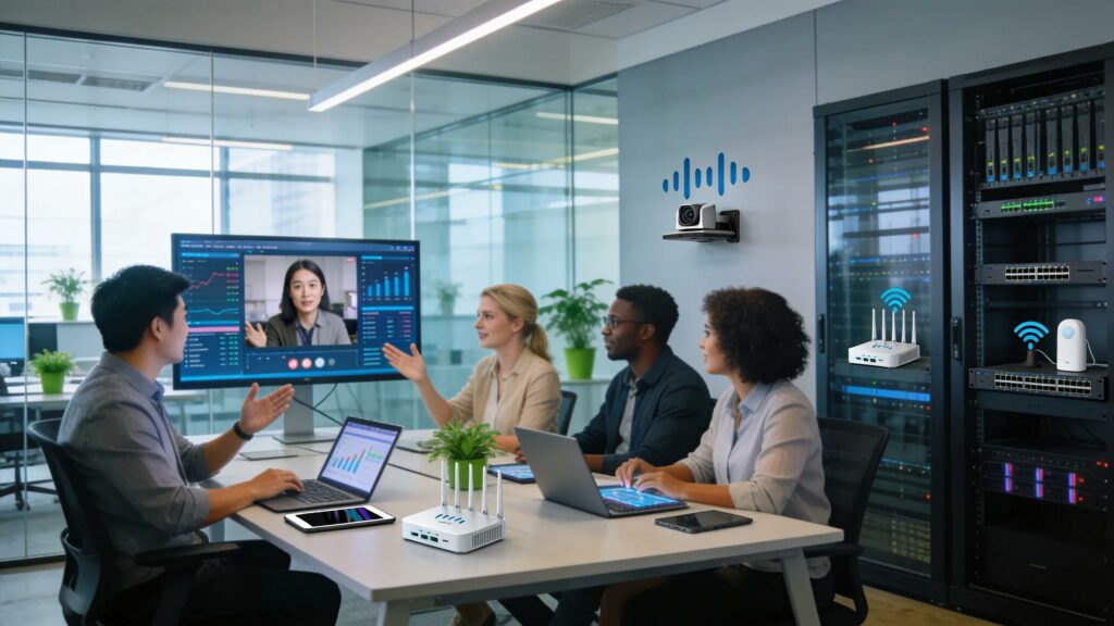A group of diverse professionals working together with Cisco networking devices, illustrating digital transformation and teamwork.