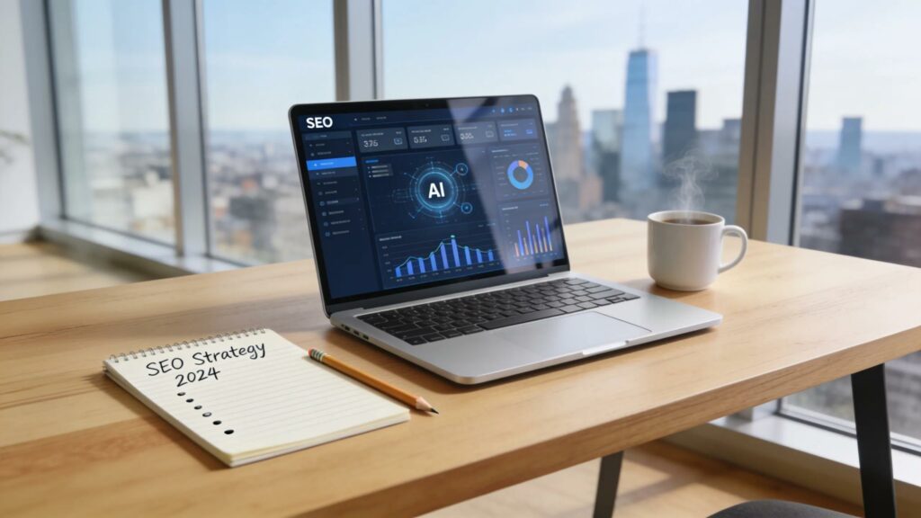Workspace showcasing AI tools for SEO optimization with a laptop, notepad, and coffee cup