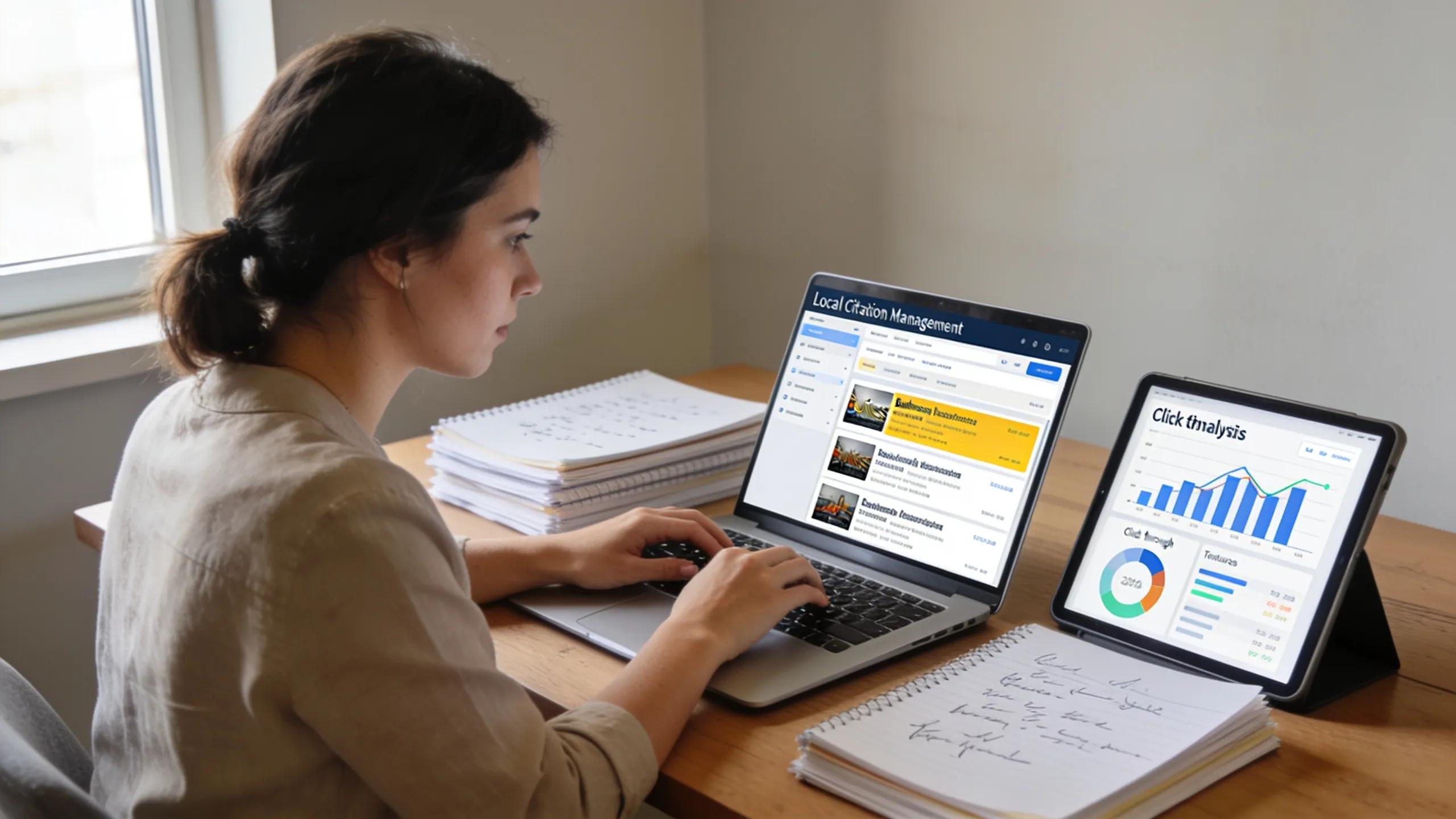 Business owner auditing local citations using a laptop and notepads in a professional office environment