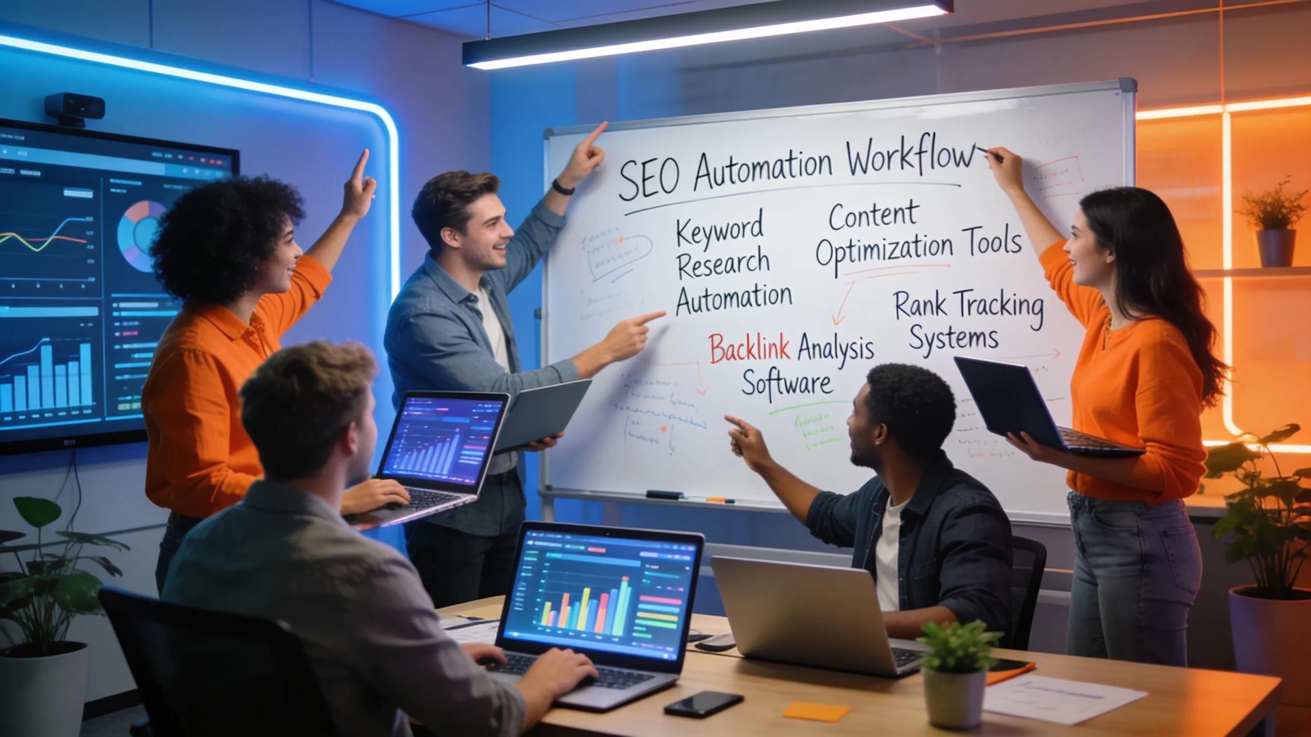 Team collaborating on SEO automation strategies in a modern office