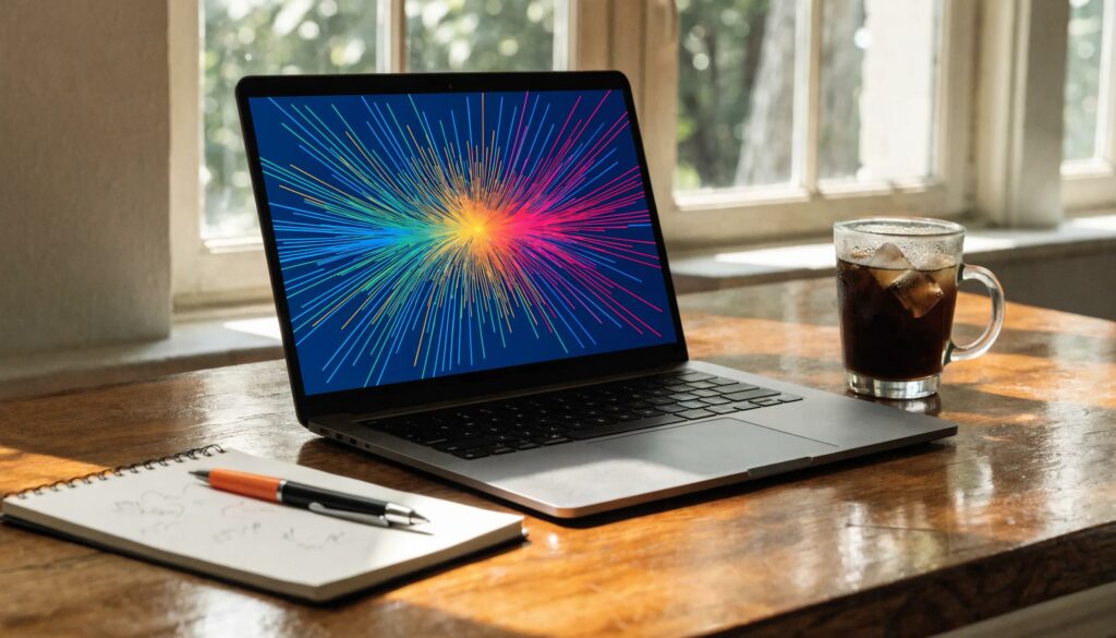 Modern workspace with a laptop and notepad, symbolizing digital marketing and SEO keyword research