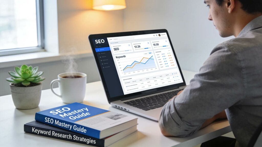 Person analyzing SEO tools in a modern workspace