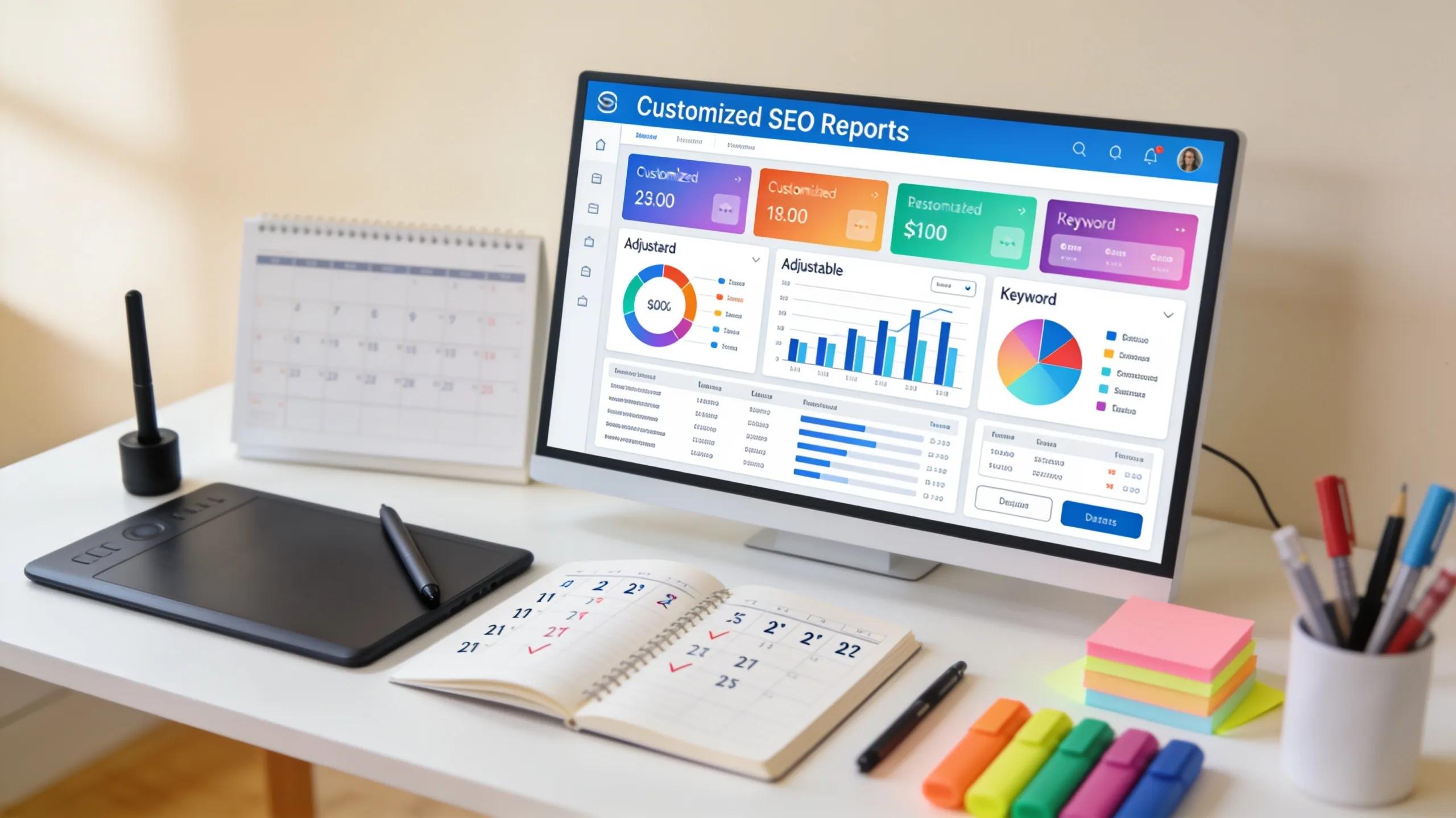Close-up of computer screen showcasing customizable SEO reports