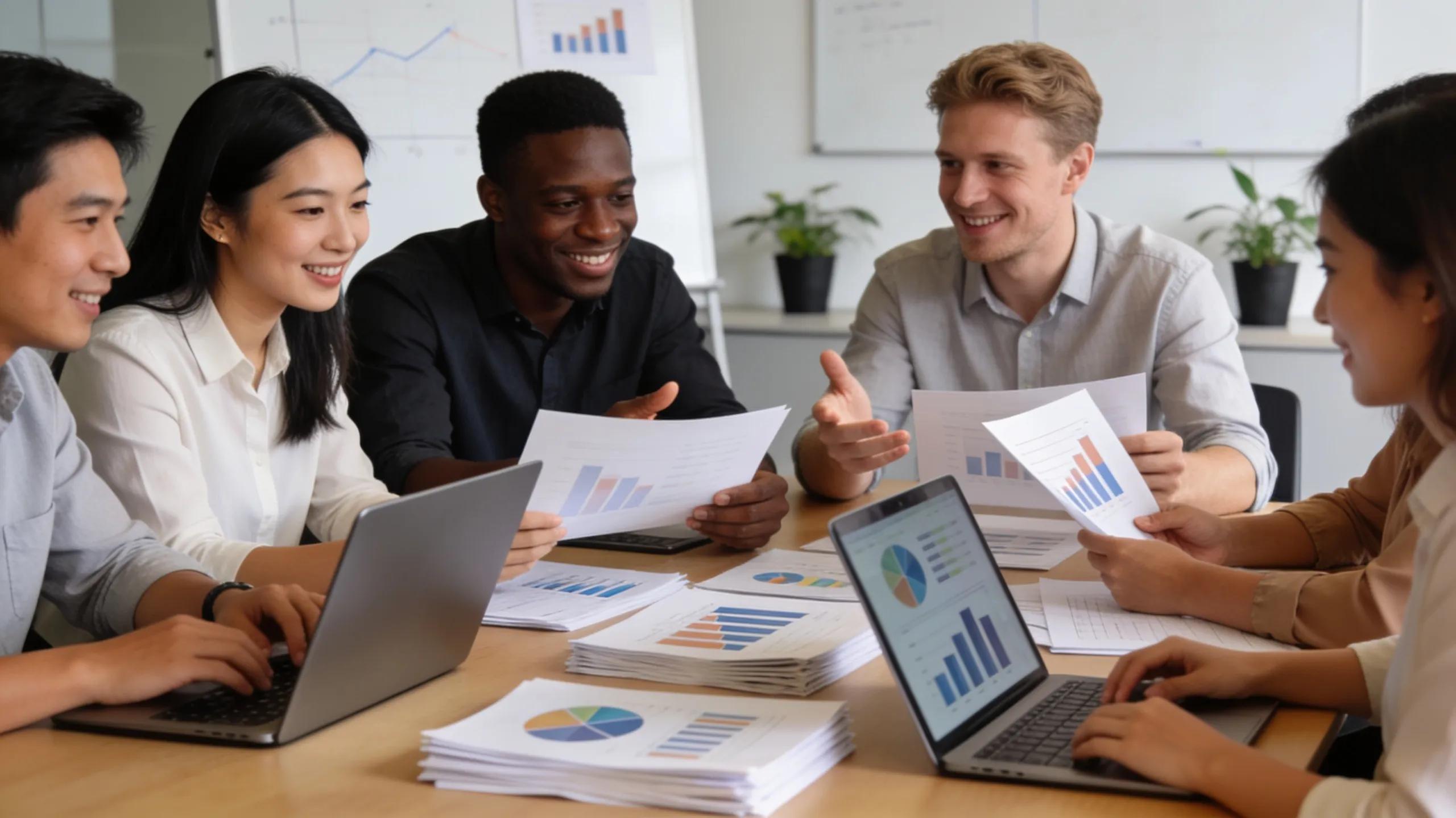Professionals reviewing visual reports during an SEO quality assurance meeting