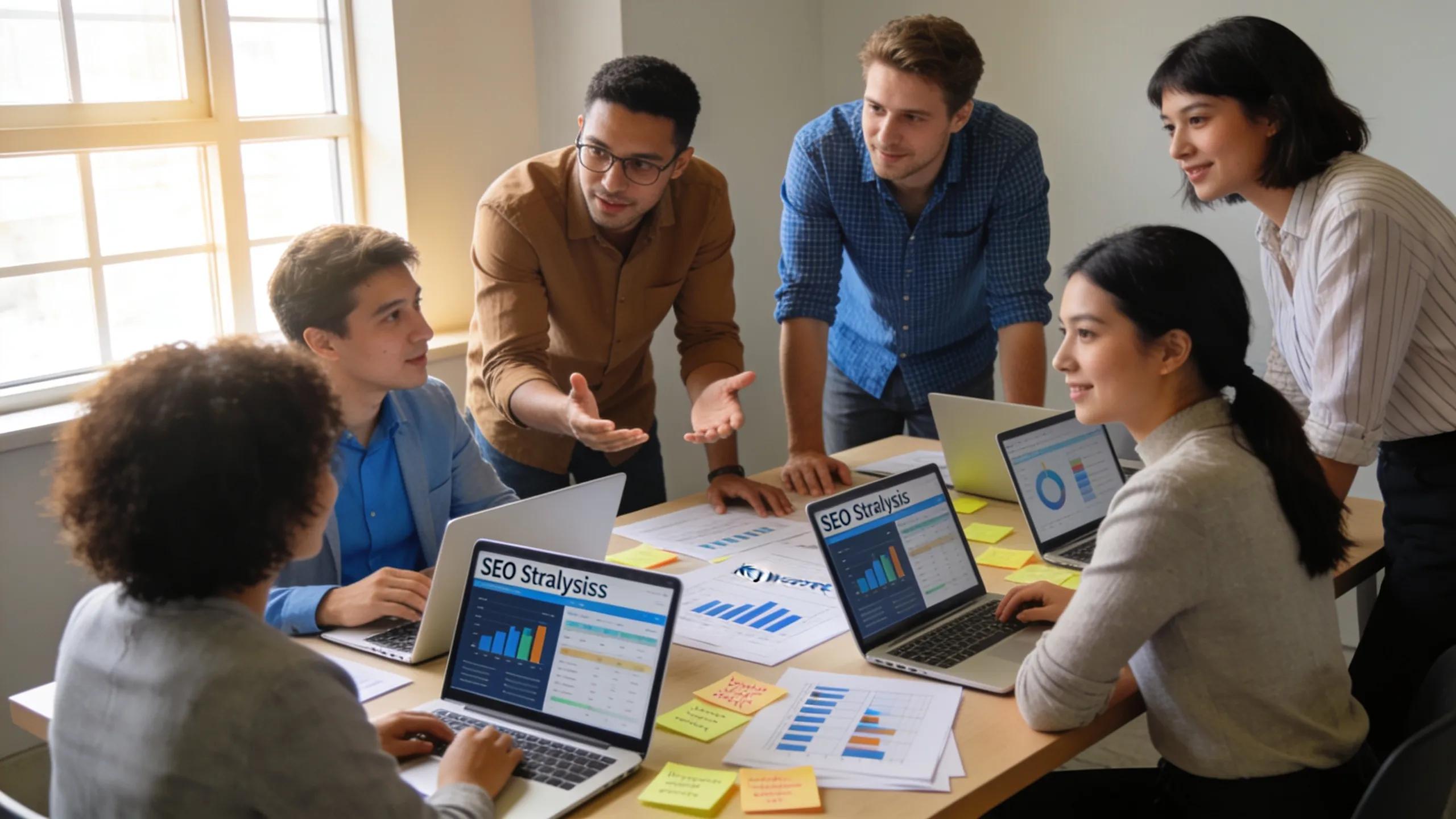 Team collaboration on SEO strategies in a bright office setting