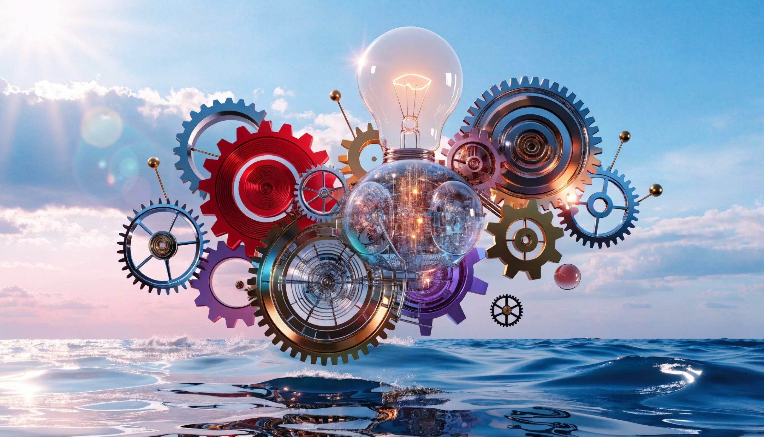 Abstract representation of AI SEO content automation with gears and lightbulb