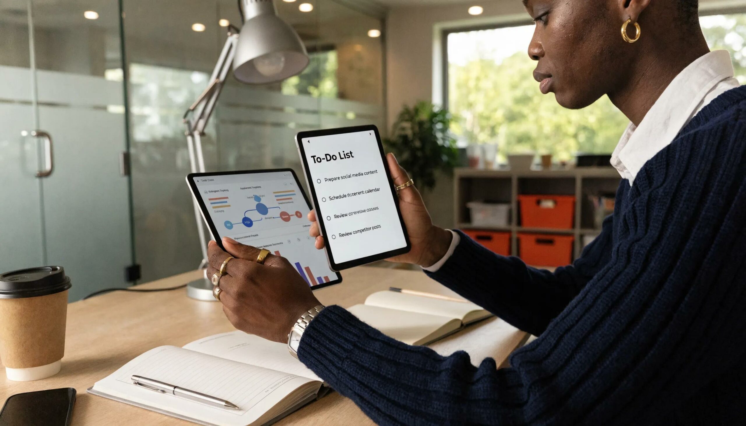 Office scene depicting organization and efficient use of resources in digital marketing strategies