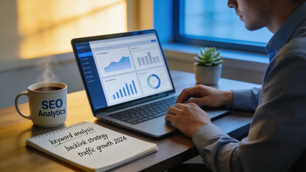 Professional examining SEO reports in a modern workspace