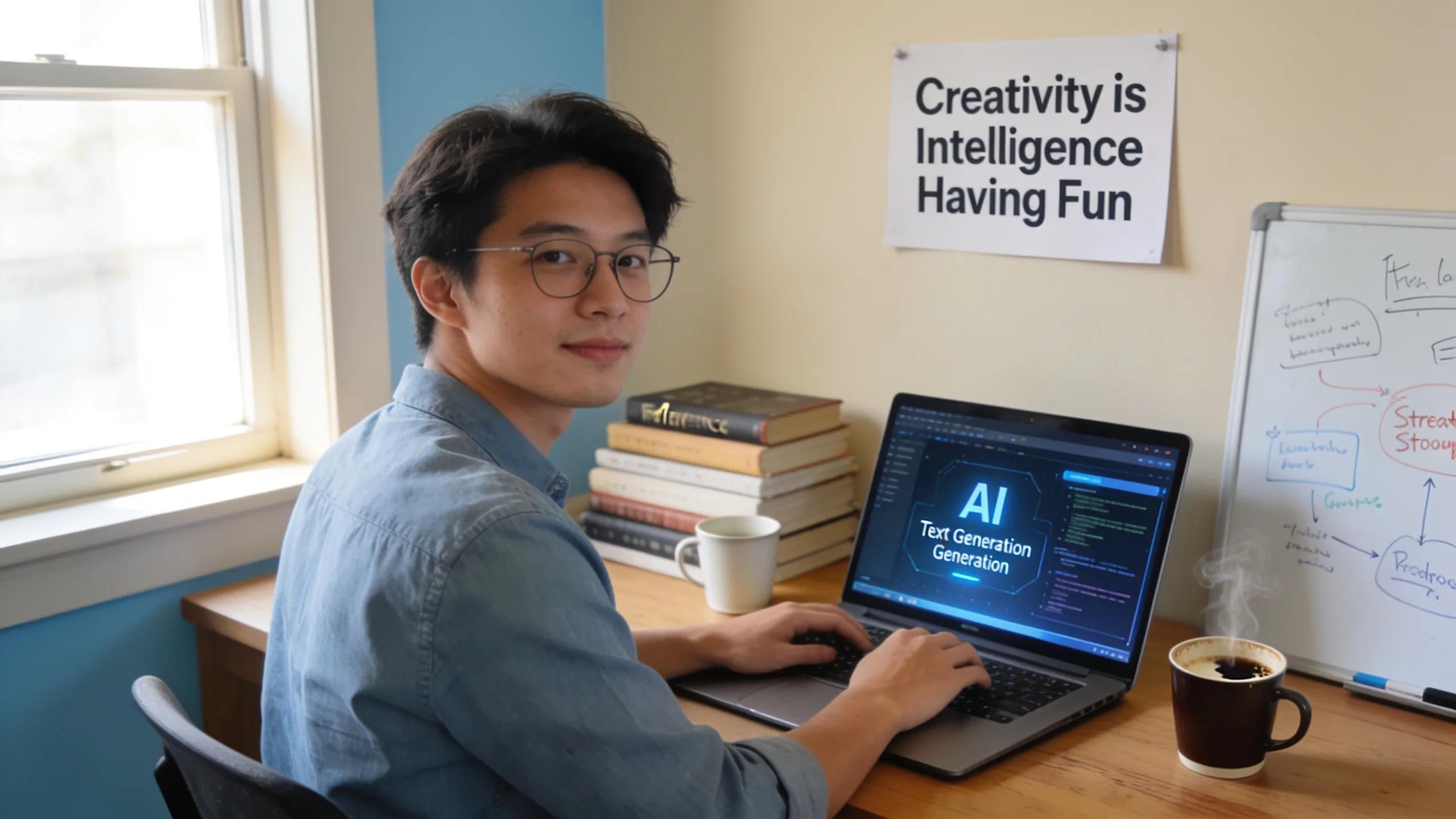 Content creation process using AI tools at a modern desk with books and coffee