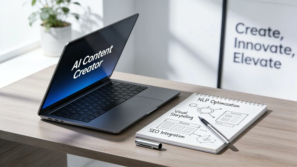 Modern workspace with laptop and notepad representing AI-powered content strategy