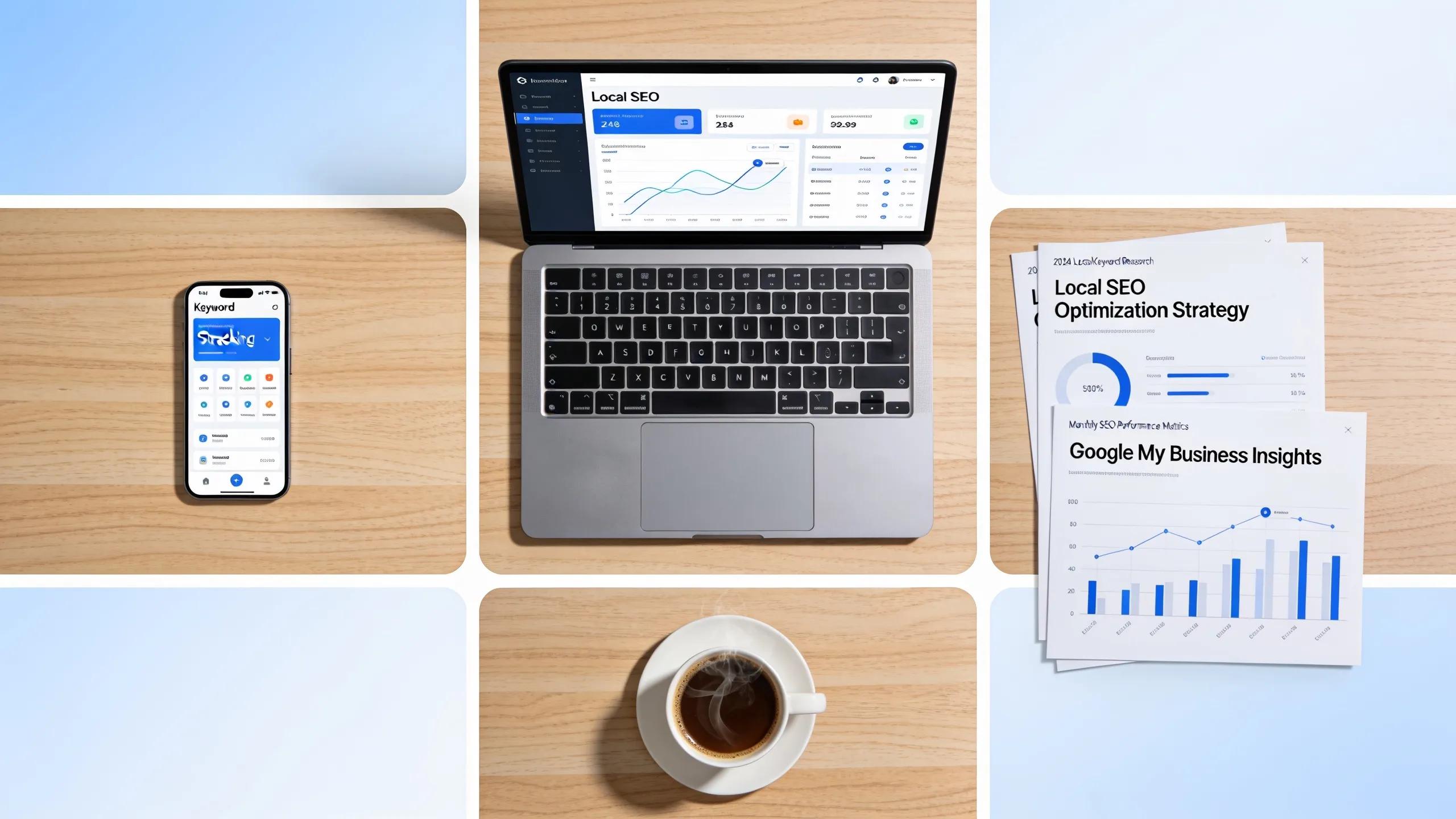 Flat lay of SEO tools and resources on a desk showing optimization for local search success