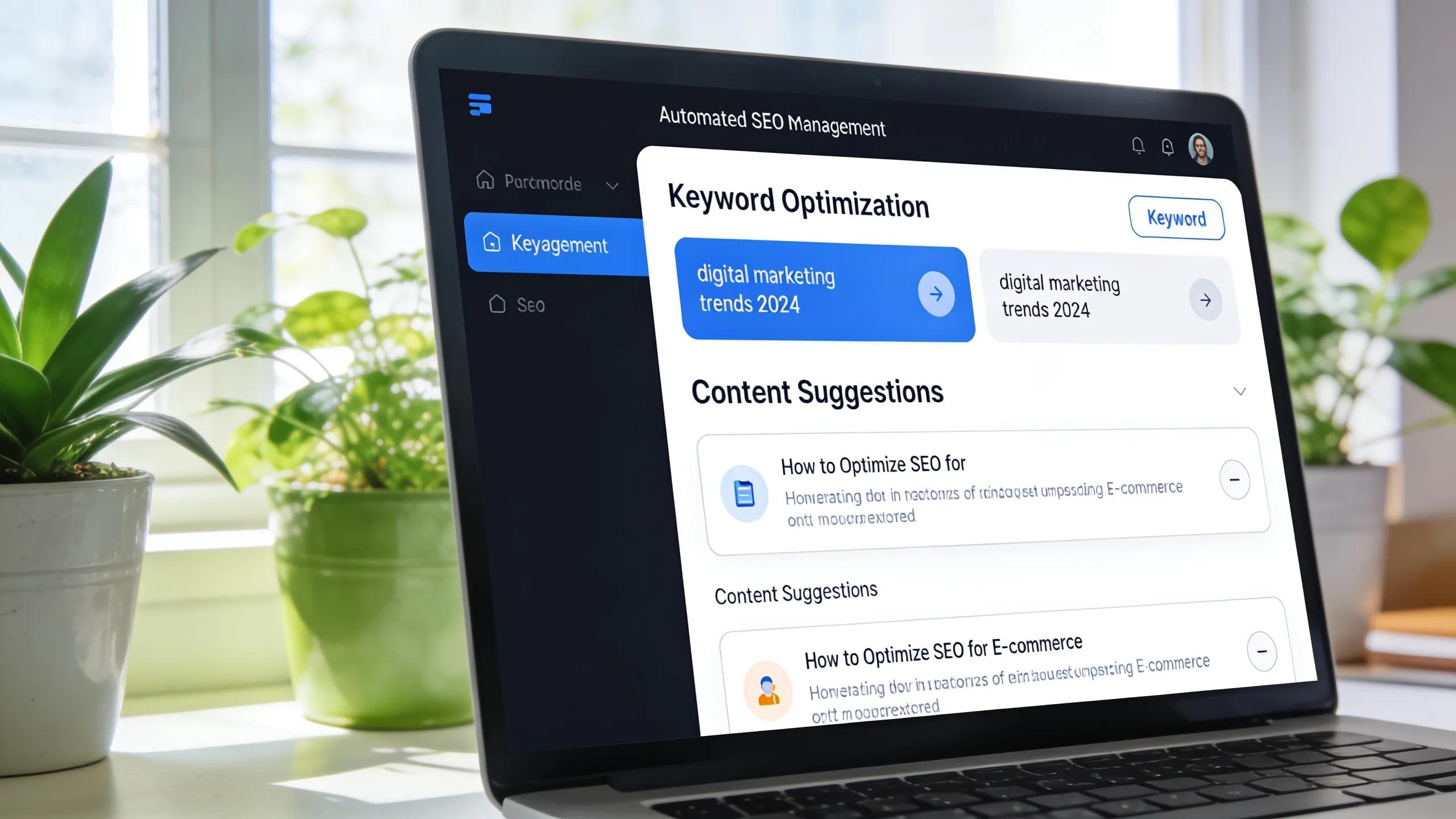Laptop screen showcasing automated SEO tools, highlighting keywords and optimization features