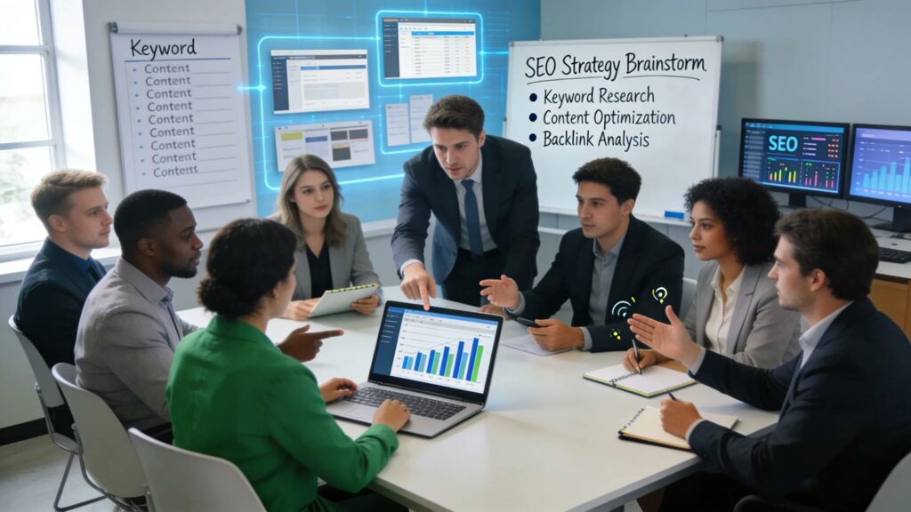 Team collaborating on SEO strategies in a modern office, emphasizing teamwork and digital innovation